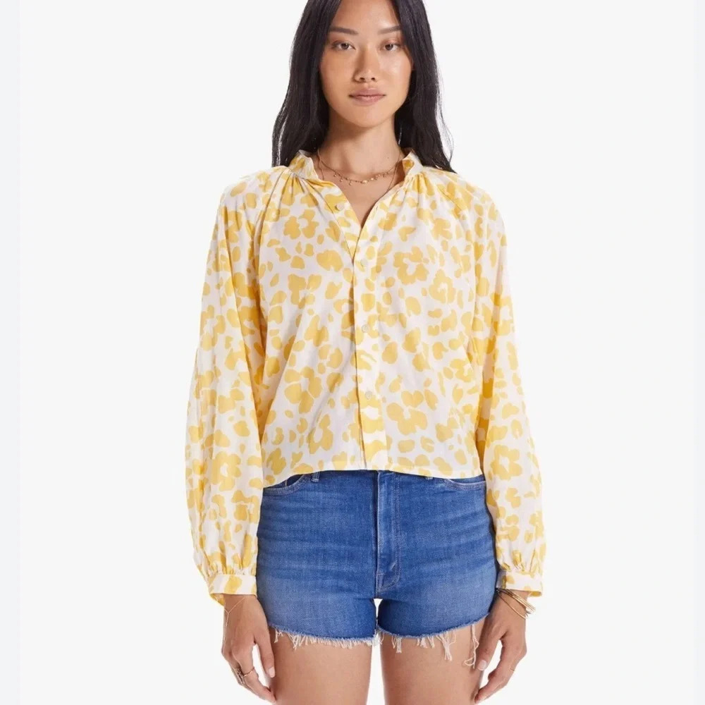 MOTHER The Sunburst Leopard Floral Yellow Button Down Blouse